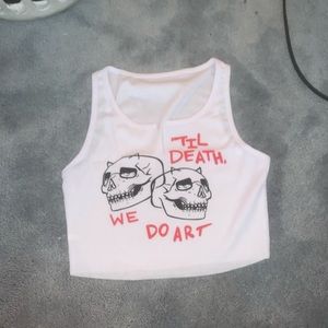Super cute cropped “til death do we art” tank top with slit